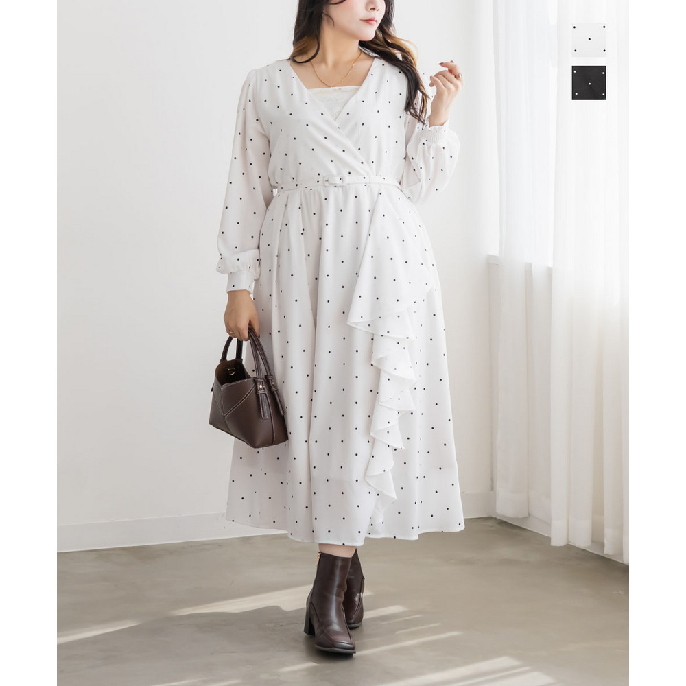 CLETTEオリジナルドット柄カシュクール風フリルワンピース