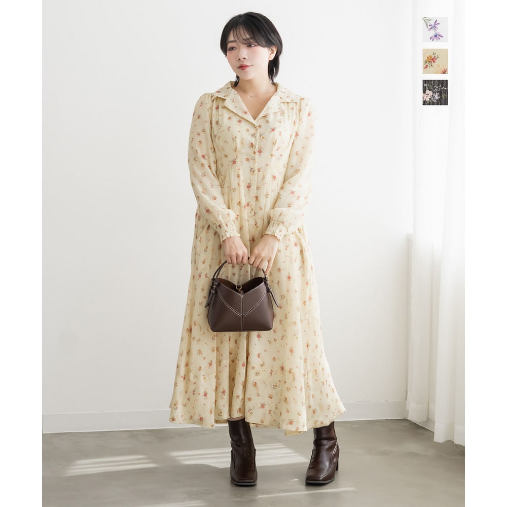 CLETTEオリジナル花柄オープンカラーウエストタックワンピース