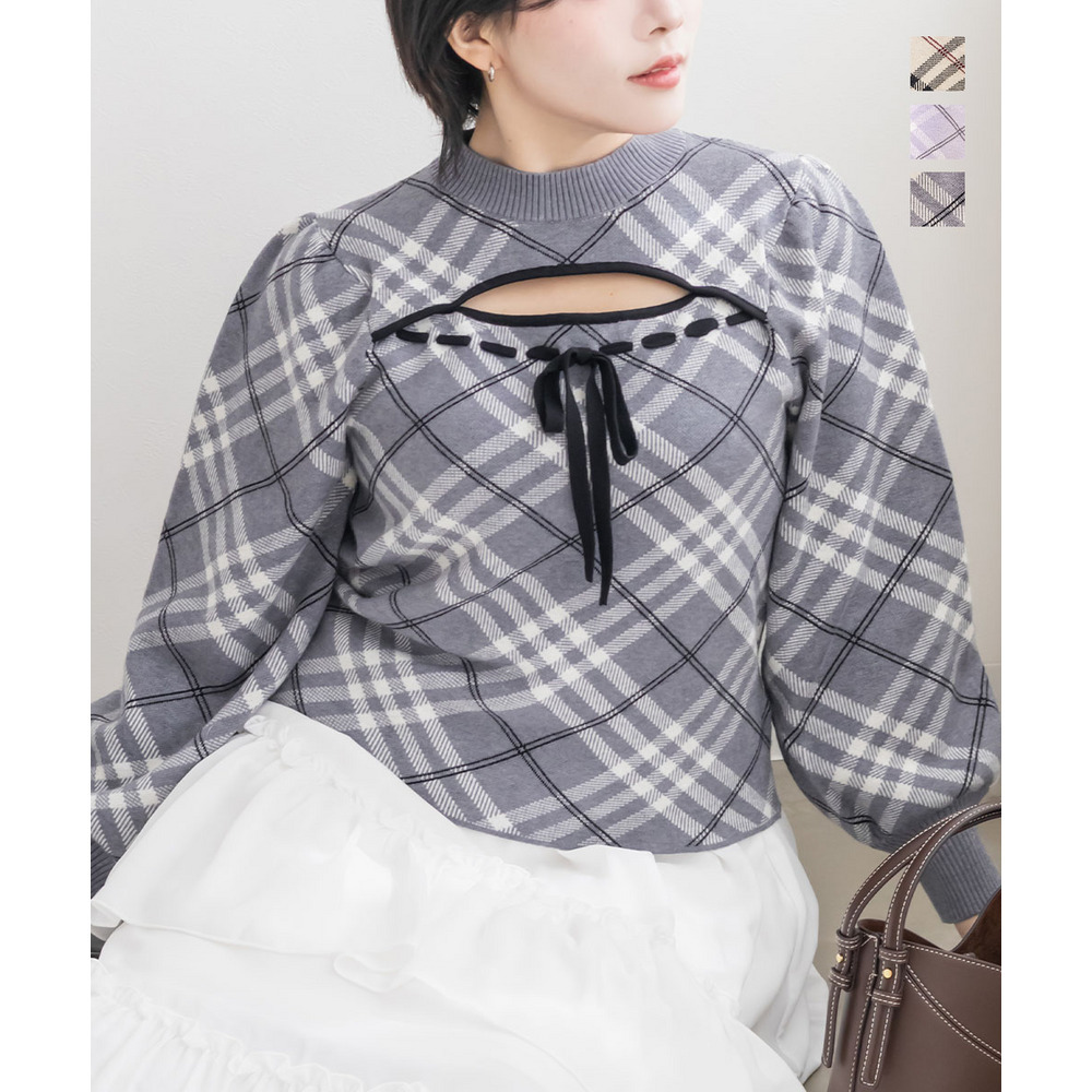 CLETTEオリジナルデコルテオープンチェック柄長袖ニット