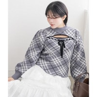 CLETTEオリジナルデコルテオープンチェック柄長袖ニット