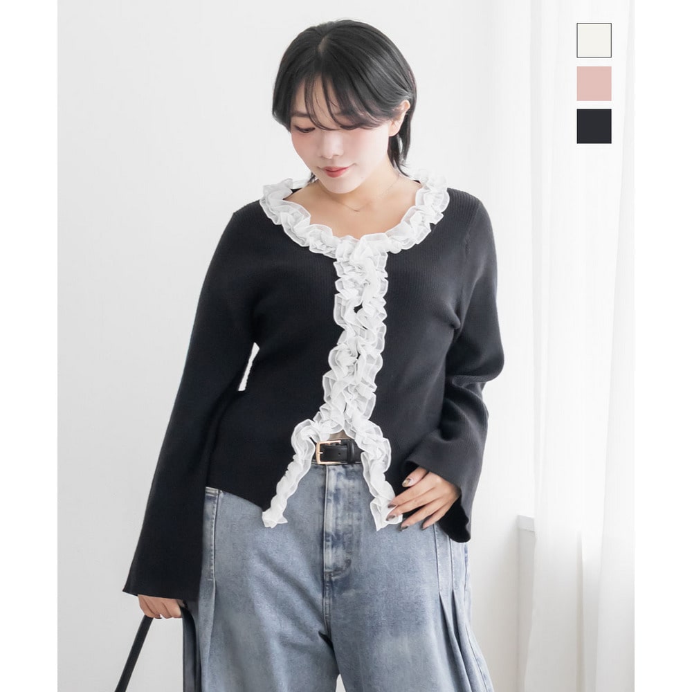 CLETTEオリジナルフリル付きリブニットプルオーバー