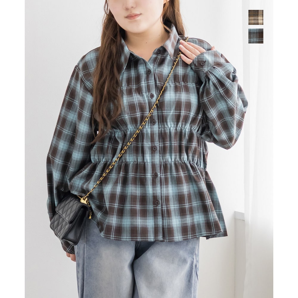 チェック柄シャーリングペプラムフレアシャツ