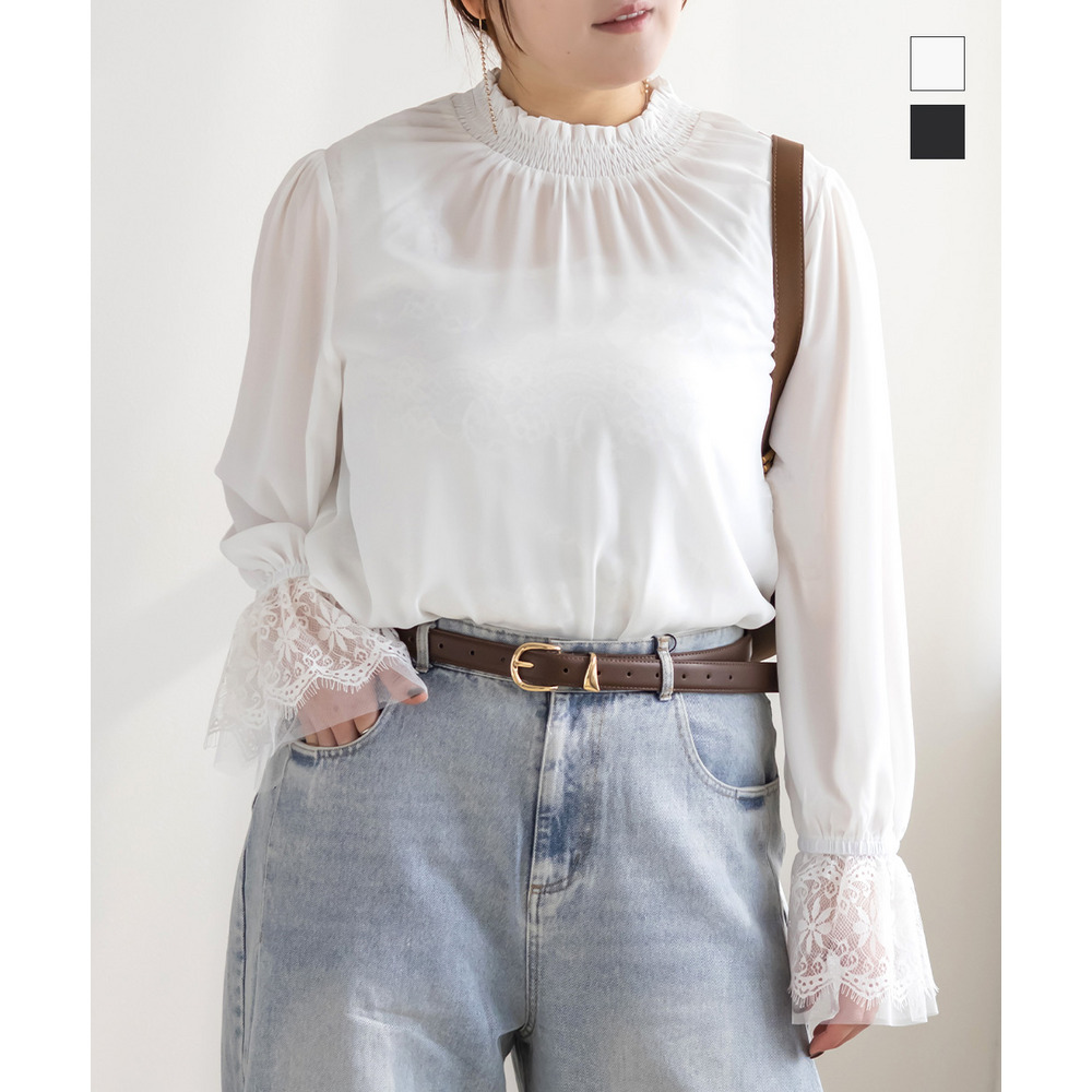 CLETTEオリジナル袖レースシャーリング襟ブラウス