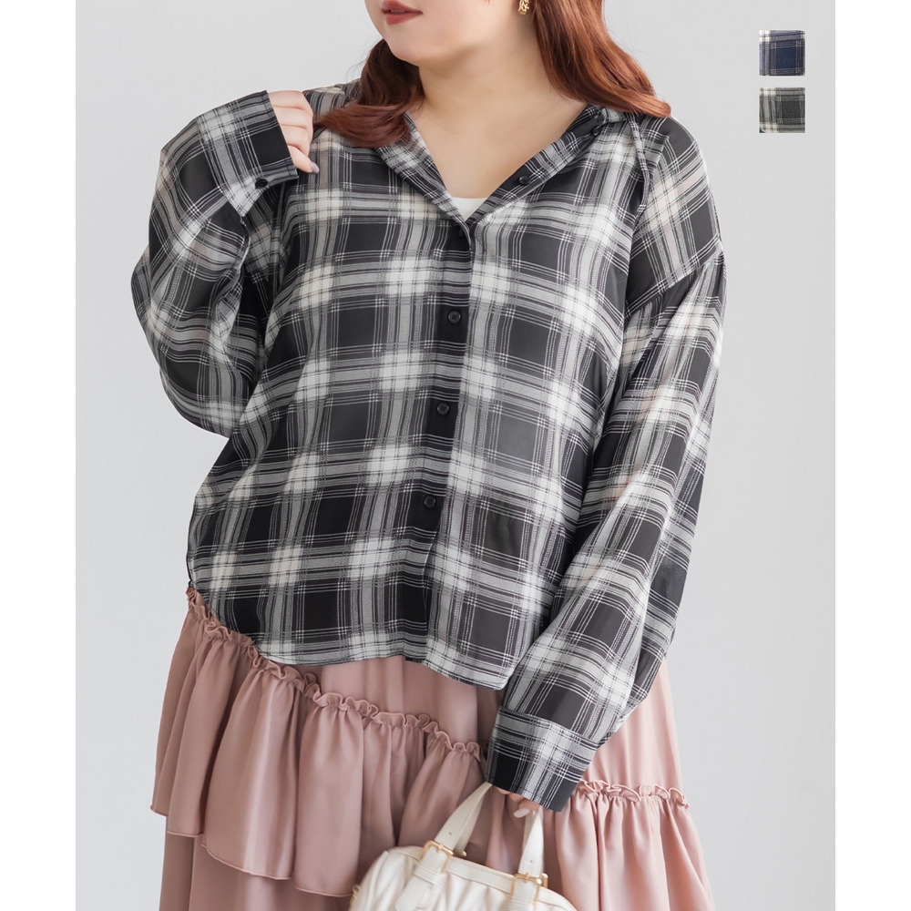 シアーチェックフードシャツ