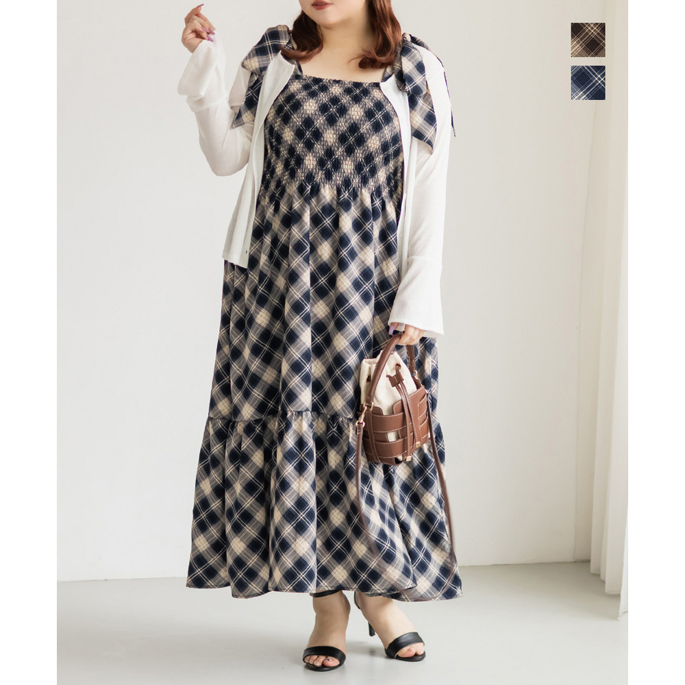 チェック柄シャーリングキャミワンピース