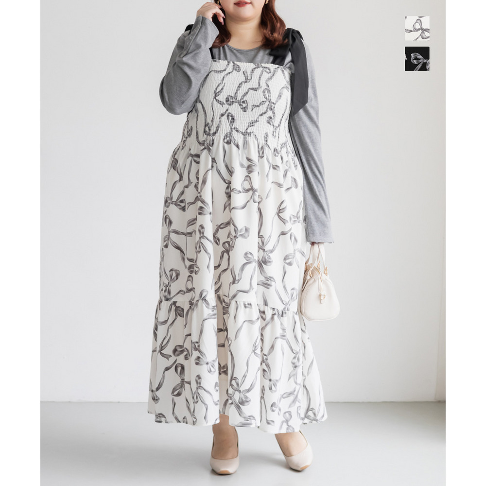 リボン柄シャーリングキャミワンピース