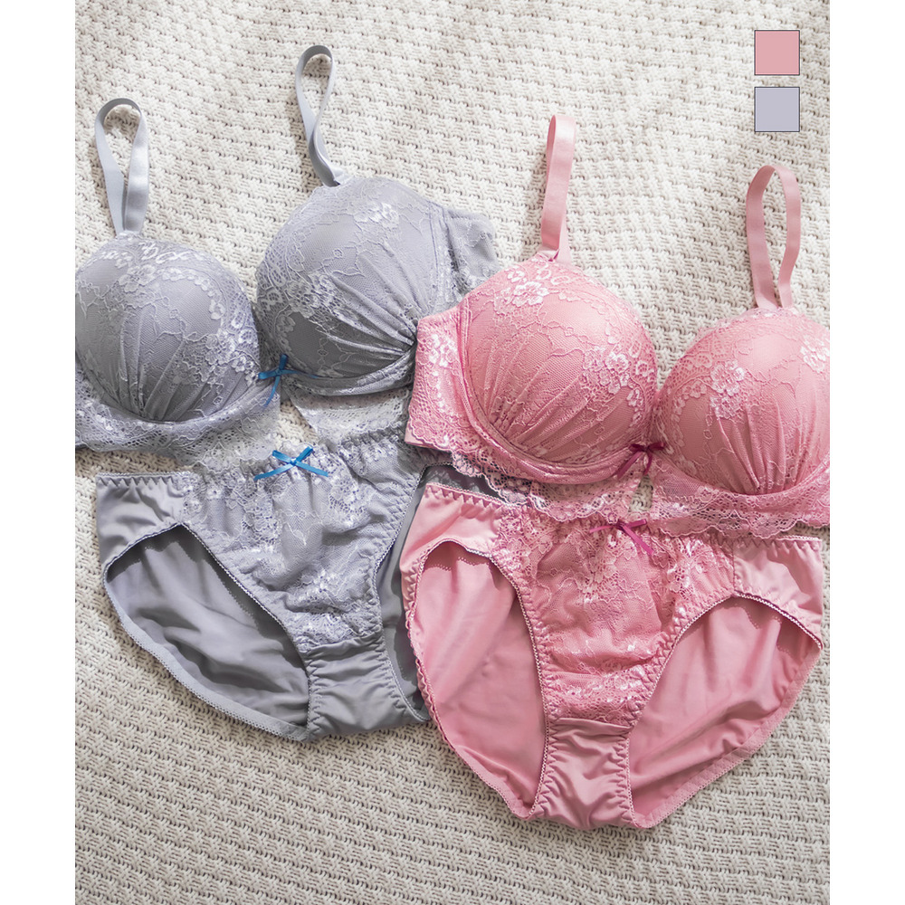 クラシカルレース配色リボンブラジャー＆ショーツセット