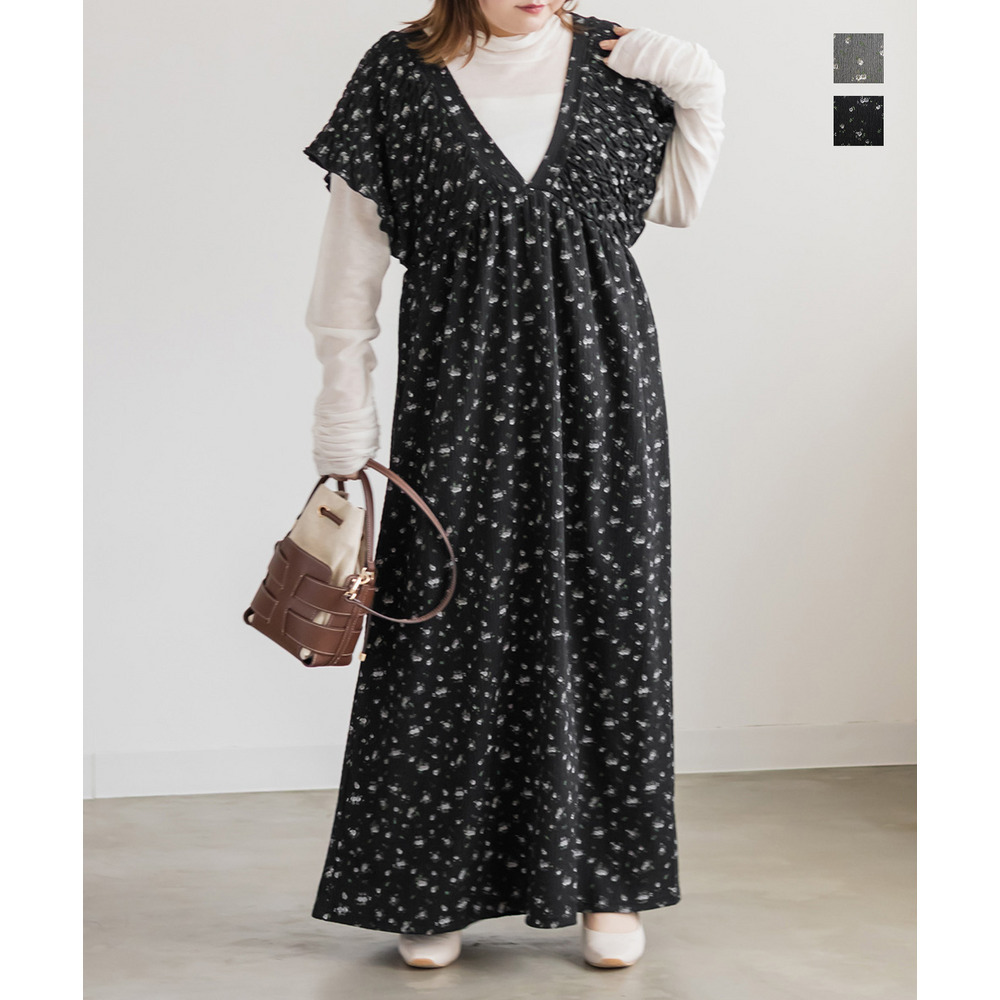 花柄シャーリングVネックワンピース1