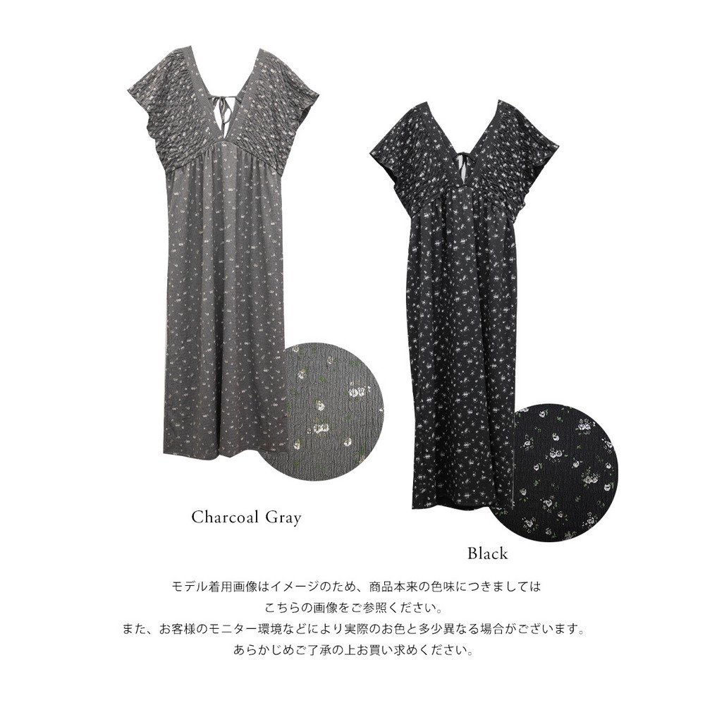 花柄シャーリングVネックワンピース13
