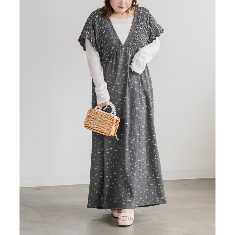 花柄シャーリングVネックワンピース6