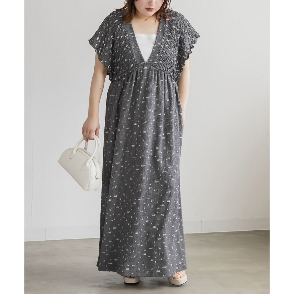 花柄シャーリングVネックワンピース7