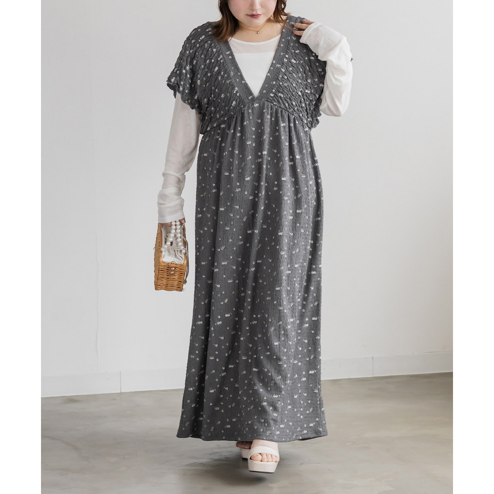 花柄シャーリングVネックワンピース1