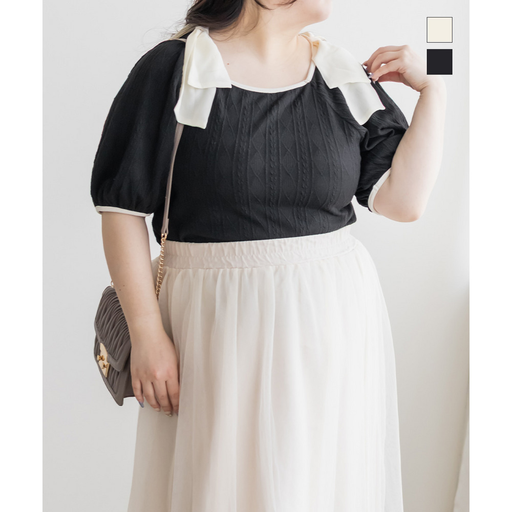 肩リボンふくれジャガードプルオーバー