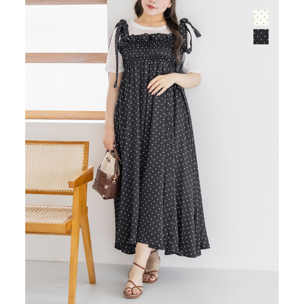 CLETTEオリジナルドット柄ショルダーリボンワンピース