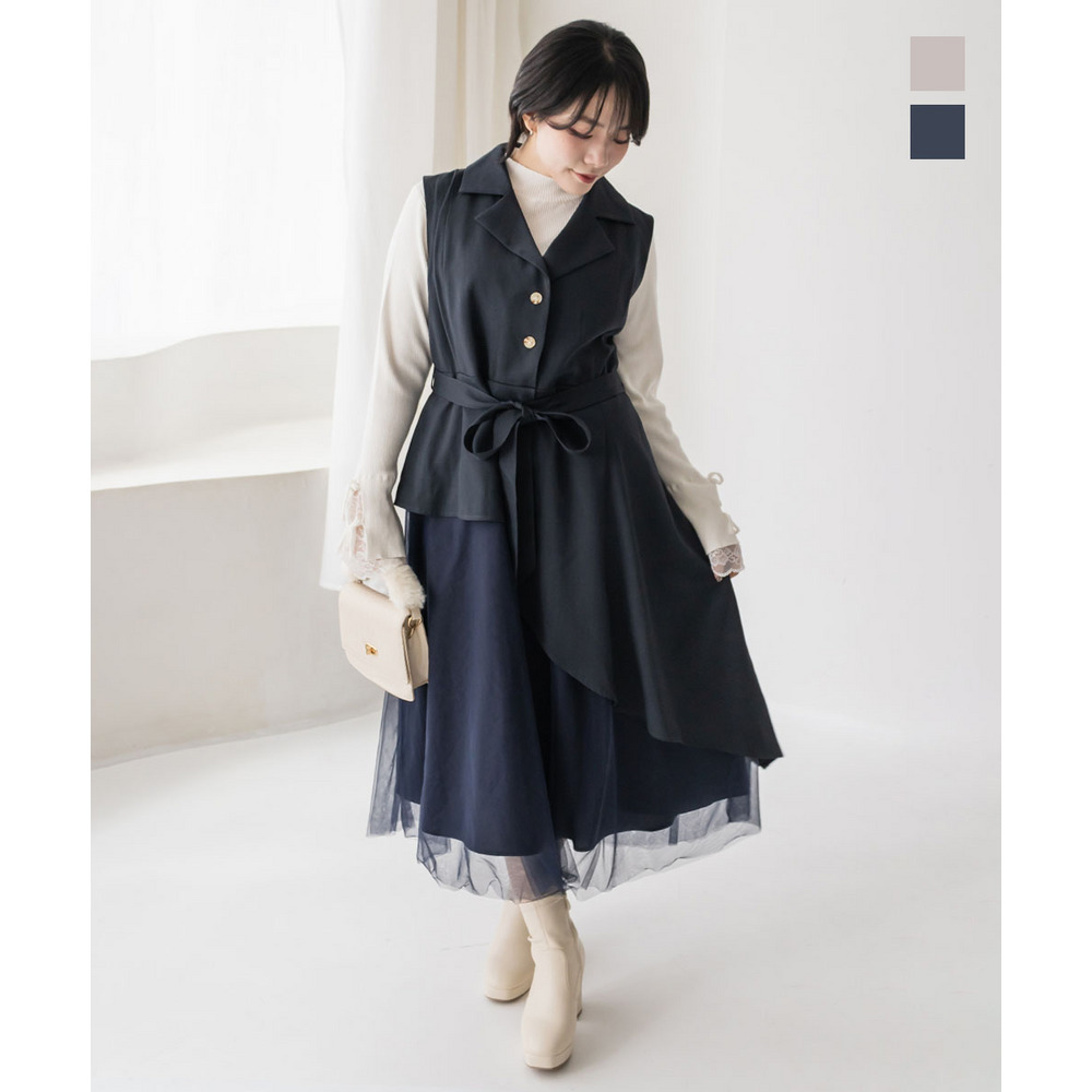 CLETTEオリジナルリボンベルト付チュールトレンチ風ワンピース