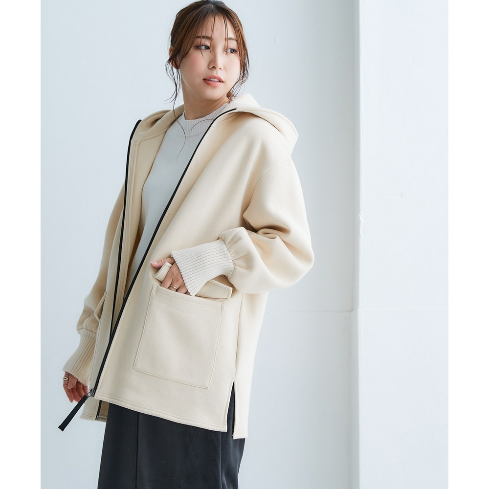 裏起毛リブ切替立襟ジップアップパーカーコート 大きいサイズ24