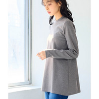 UVカット綿100%フライス素材モックネックフレアチュニックＴシャツ　大きいサイズ