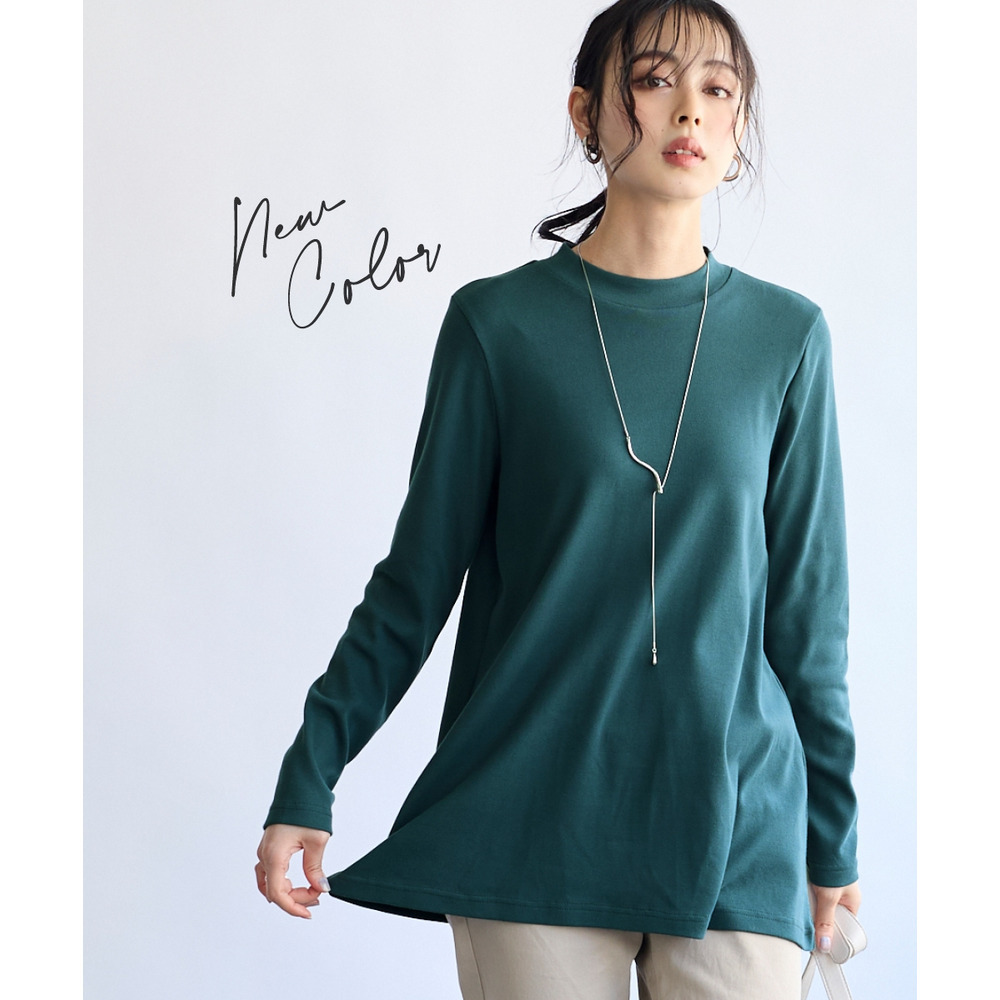 綿100%フライス素材モックネックフレアチュニックTシャツ(UVカット) 大きいサイズ1