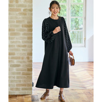 異素材使いボリューム袖カットソーロング丈ワンピース　大きいサイズ