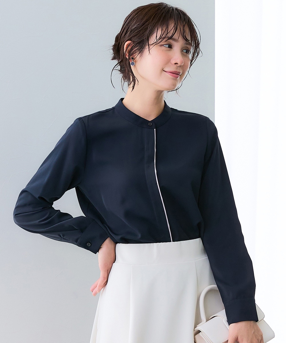 ストレッチパウダーサテン配色ブラウス（しわになりにくい・速乾・洗濯機OK・UVカット） 大きいサイズ