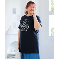 肌触りが気持ち良い綿100%AラインプリントチュニックTシャツ（接触冷感・UVカット）　大きいサイズ