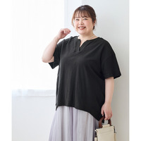綿100%やわらかドライタッチパイル5分袖キーネックゆるプルオーバー（吸汗速乾）　大きいサイズ