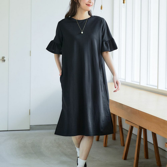 袖フリルカットソーロング丈ワンピース【カレンデュラオイル加工】(接触冷感) 大きいサイズ【アリノマ/Alinoma】 袖フリルカットソーロング丈ワンピース【カレンデュラオイル加工】(接触冷感) 大きいサイズ【アリノマ/Alinoma】