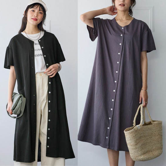美ラクRUタッチ5分袖Ⅴネックロング丈フロントボタンワンピース(接触冷感・抗菌防臭・UVカット) 大きいサイズ【アリノマ/Alinoma】 美ラクRUタッチ5分袖Ⅴネックロング丈フロントボタンワンピース(接触冷感・抗菌防臭・UVカット) 大きいサイズ【アリノマ/Alinoma】