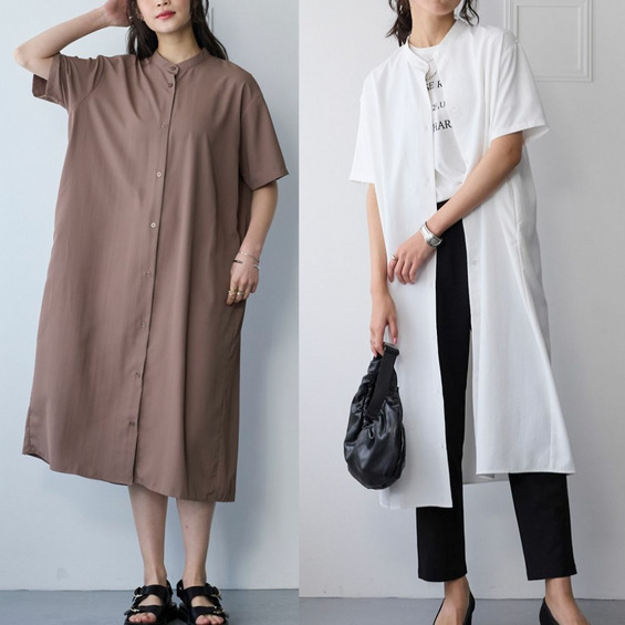 【夏の多機能素材】汗染みしにくいバンドカラーシャツワンピース 大きいサイズ【アリノマ/Alinoma】 【夏の多機能素材】汗染みしにくいバンドカラーシャツワンピース 大きいサイズ【アリノマ/Alinoma】