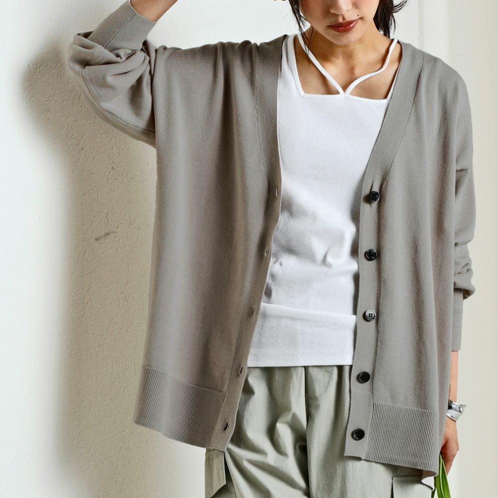 洗えるUVカット綿100%Vネックカーディガン(長袖)(オーバーサイズ) 大きいサイズ1