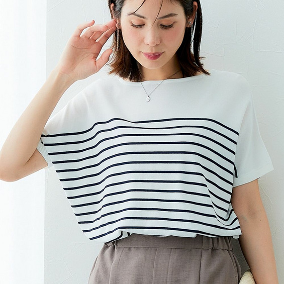 【ひんやり接触冷感】パネルボーダーボートネックニット(UVカット・毛玉になりにくい) 大きいサイズ【アリノマ/Alinoma】 【ひんやり接触冷感】パネルボーダーボートネックニット(UVカット・毛玉になりにくい) 大きいサイズ【アリノマ/Alinoma】