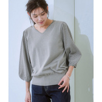 【ひんやり接触冷感】透かし編みパフ袖ニット（UVカット・毛玉になりにくい）　大きいサイズ