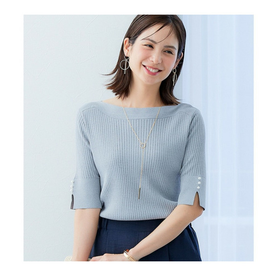 【ひんやり接触冷感】パール調スリーブボートネックリブニット(UVカット・毛玉になりにくい) 大きいサイズ【アリノマ/Alinoma】 【ひんやり接触冷感】パール調スリーブボートネックリブニット(UVカット・毛玉になりにくい) 大きいサイズ【アリノマ/Alinoma】