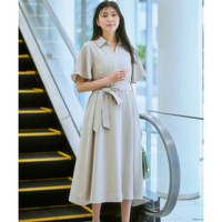 麻調合繊ミディ丈フレアワンピース（しわになりにくい・接触冷感・ＵVカット・ウォッシャブル） 大きいサイズ