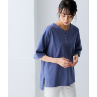 綿100％バスク折り返し5分袖Ｖネックトップス（UVカット） 大きいサイズ