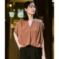 【ひんやり接触冷感】シルケット加工フレンチスリーブキーネックカットソー（脇シェード付）　大きいサイズ
