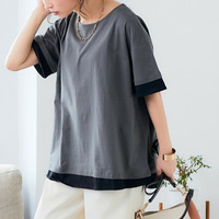 綿100％汗染みしにくい重ね着風5分袖Tシャツ　大きいサイズ