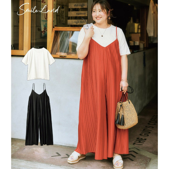 2点セット(プリーツサロペットパンツ+デザインTシャツ) 大きいサイズ【アリノマ/Alinoma】 2点セット(プリーツサロペットパンツ+デザインTシャツ) 大きいサイズ【アリノマ/Alinoma】