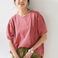 綿100％ケミカル加工5分袖パフスリーブゆるシルエットプルオーバー　大きいサイズ