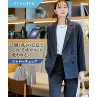 【レディーススーツ】うすカルストレッチセミワイドパンツスーツ（ダブルブレストテーラードジャケット＋パンツ）（多機能シャドーチェック）　大きいサイズ