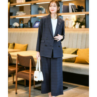【レディーススーツ】うすカルストレッチセミワイドパンツスーツ（ダブルブレストテーラードジャケット＋パンツ）（多機能シャドーチェック）　大きいサイズ