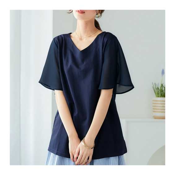 美ラクRUタッチ袖シフォン使い浅Vネックトップス(接触冷感・UVカット) 大きいサイズ【アリノマ/Alinoma】 美ラクRUタッチ袖シフォン使い浅Vネックトップス(接触冷感・UVカット) 大きいサイズ【アリノマ/Alinoma】