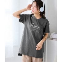 【ひんやりコットン】プリントVネックチュニックTシャツ（綿100％・接触冷感・UVカット）（選べる柄）　大きいサイズ