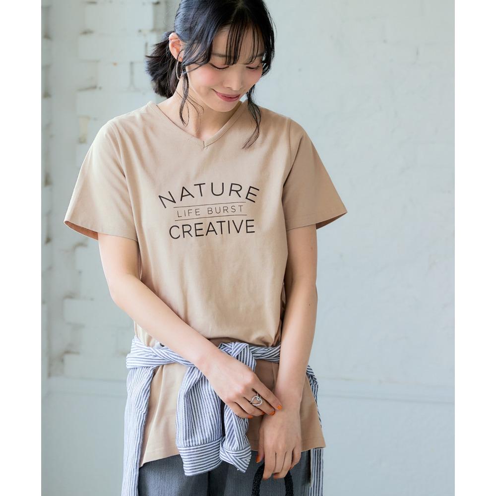 【ひんやりコットン】プリントVネックチュニックTシャツ(綿100%・接触冷感・UVカット)(選べる柄) 大きいサイズ1