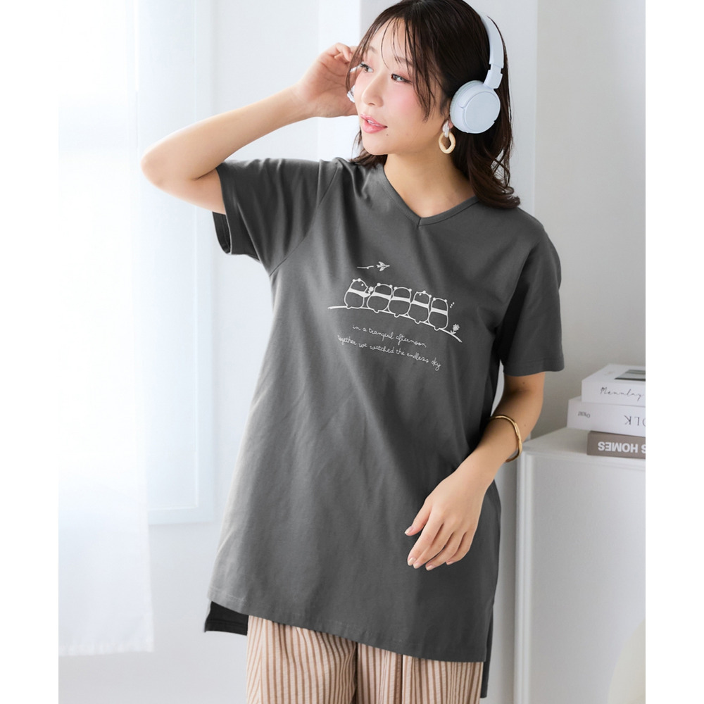 【ひんやりコットン】プリントVネックチュニックTシャツ(綿100%・接触冷感・UVカット)(選べる柄) 大きいサイズ1