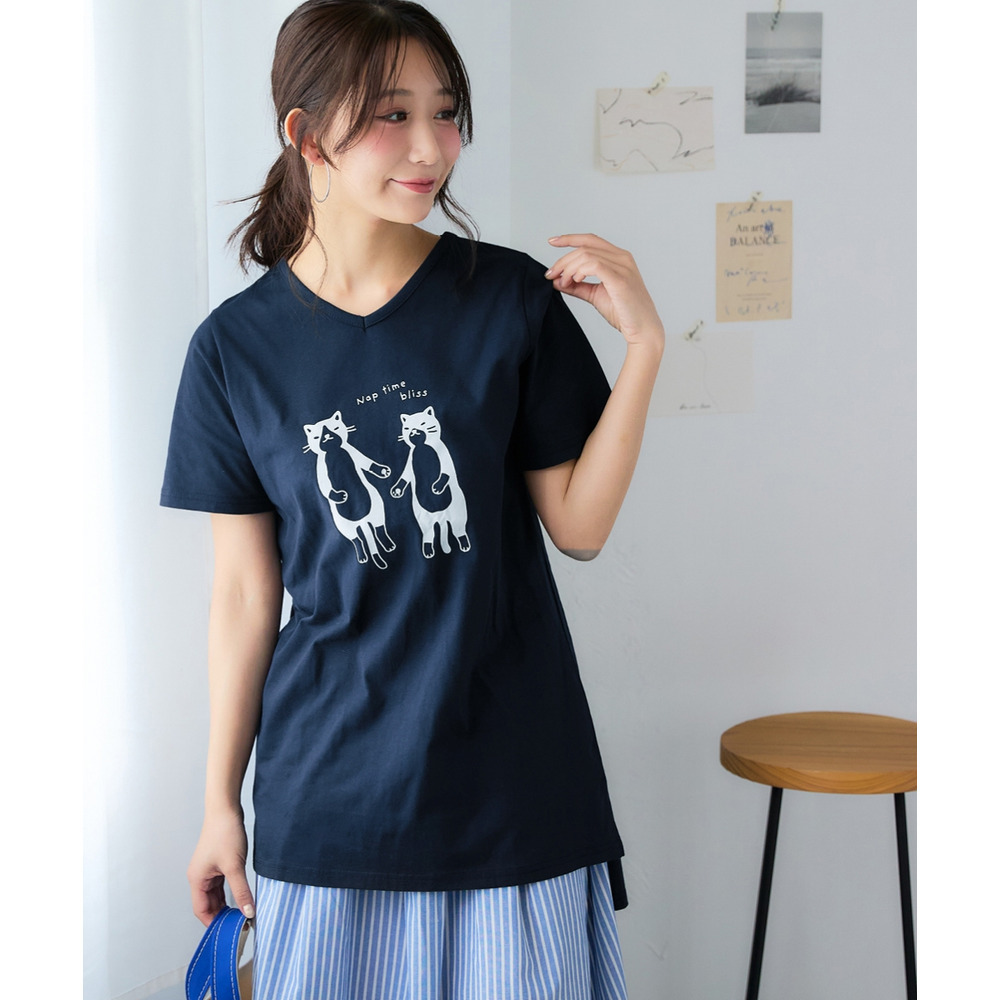 【ひんやりコットン】プリントVネックチュニックTシャツ(綿100%・接触冷感・UVカット)(選べる柄) 大きいサイズ1