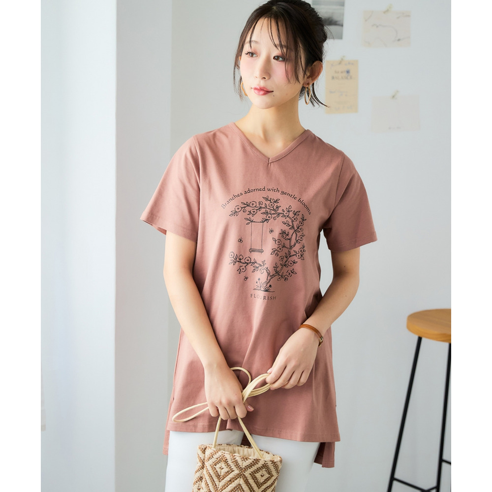 【ひんやりコットン】プリントVネックチュニックTシャツ(綿100%・接触冷感・UVカット)(選べる柄) 大きいサイズ1