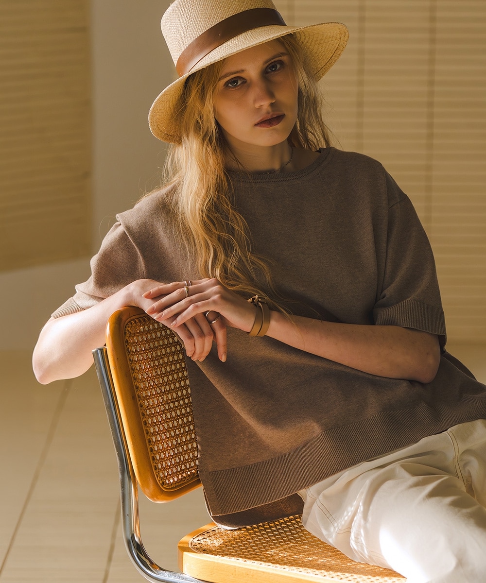 【T-KNIT】綿混5分袖アイレットネックオーバーサイズニットトップス【接触冷感・毛玉になりにくい】　大きいサイズ