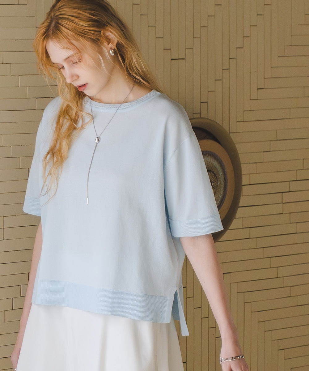 【T-KNIT】綿混5分袖アイレットネックオーバーサイズニットトップス【接触冷感・毛玉になりにくい】　大きいサイズ