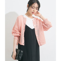 ゆるメッシュ編み和紙ライククルーネックニットカーディガン 大きいサイズ